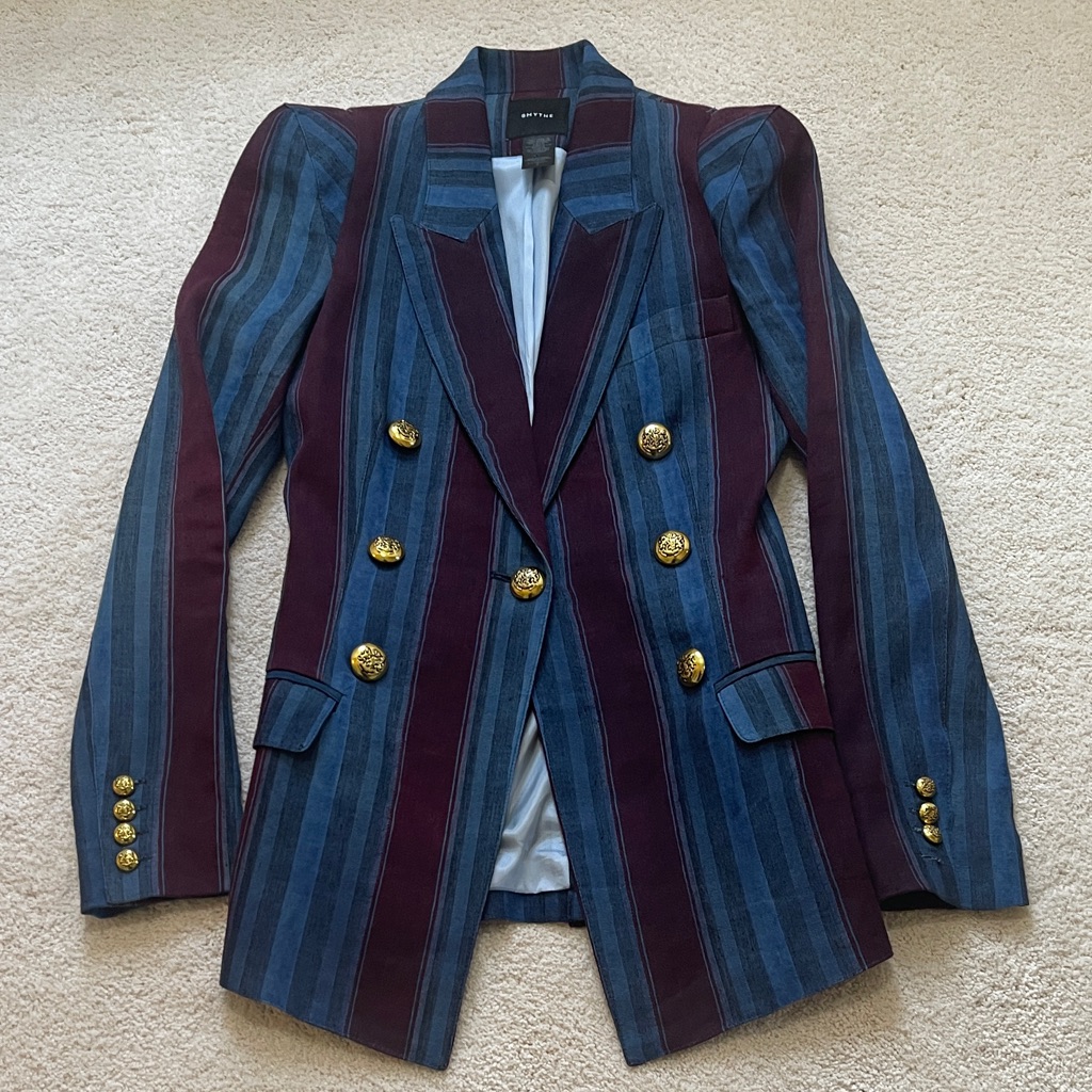 Smythe Burgundy And Blue Striped Linen-Blend Blazer